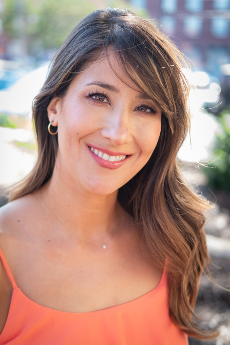 young caucasian smiling woman with long brown hair orange tank top dating headshot profile photo