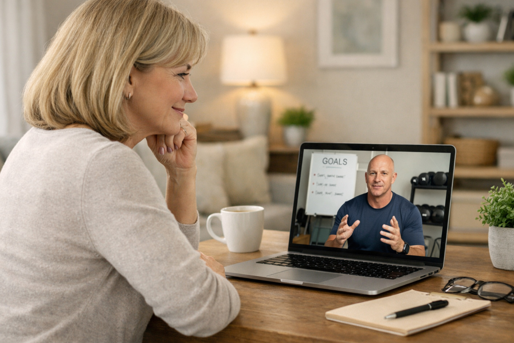 Woman speaking with dating coach on laptop