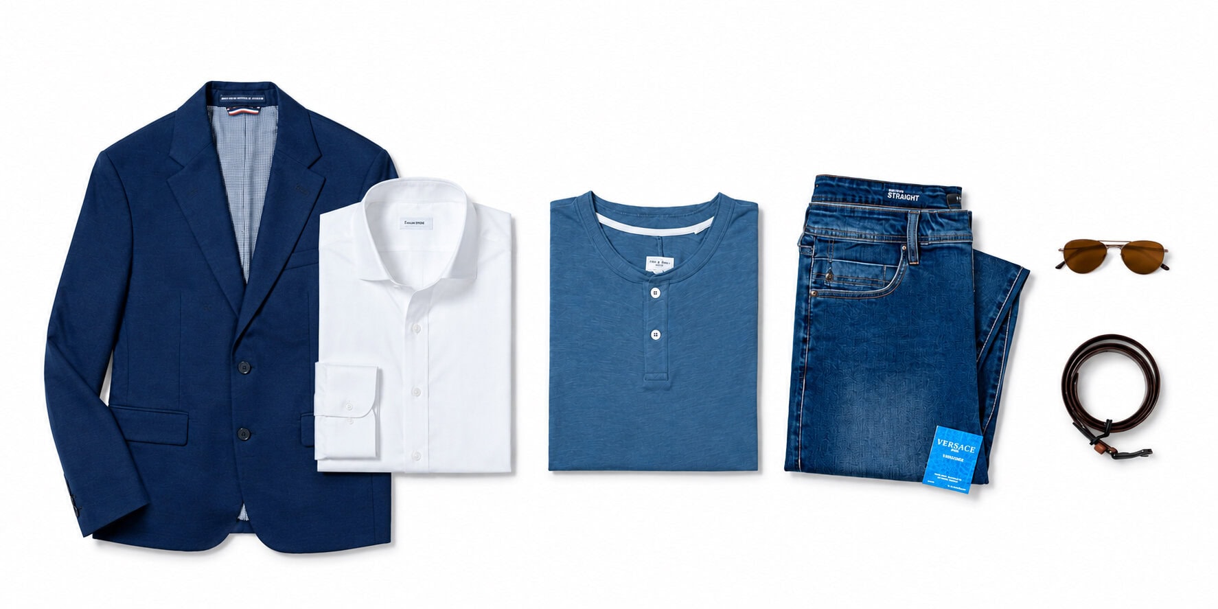 Hyde Closet styling box — blazer, shirts, jeans, belt, and sunglasses